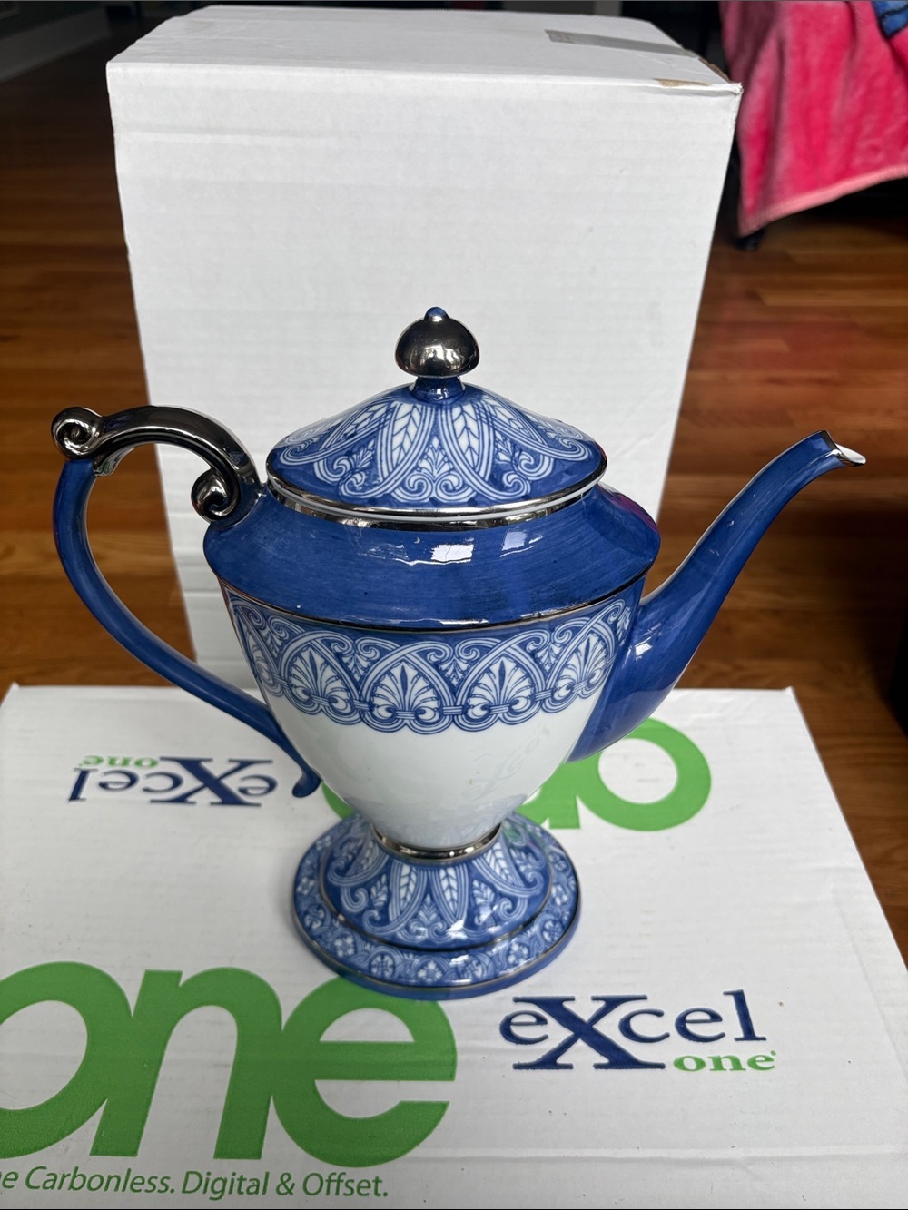 Bombay Blue and White Decorative Teapot with Silver Accents